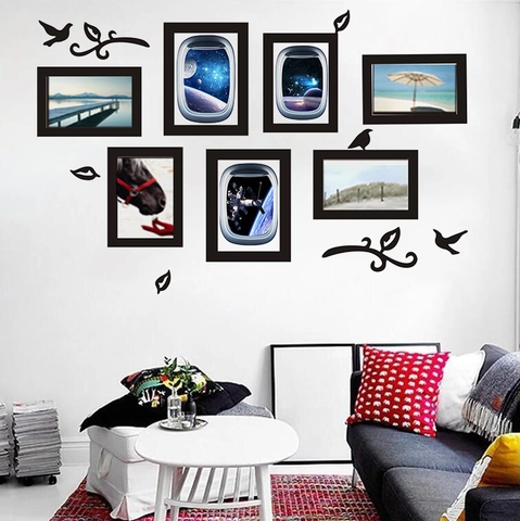 Sticker Mural Créatif Moderne avec Cadre Photo Oiseaux et Feuilles Nordic DIY Imperméable PVC pour Salon Chambre à Coucher
