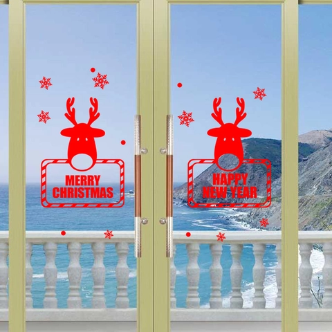 Pegatinas de Ventana de Cristal de Reno y Copo de Nieve de Navidad PVC Removible Feliz Navidad Próspero Año Nuevo