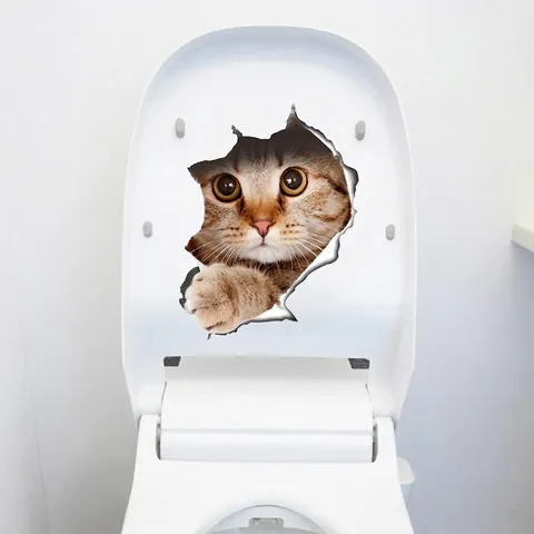 Pegatina de Pared Animal 3D Creativa Gato Perro Realista Efecto Pared Rota Calcomanía PVC Impermeable para Baño Hogar