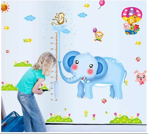 Adesivo da Parete Grafico di Crescita Elefante Scimmia in PVC Removibile per Cameretta Bambini Asilo Aula Decorazione Casa