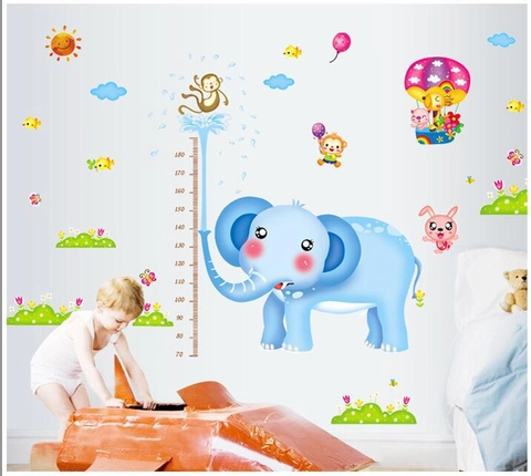 Adesivo da Parete Grafico di Crescita Elefante Scimmia in PVC Removibile per Cameretta Bambini Asilo Aula Decorazione Casa
