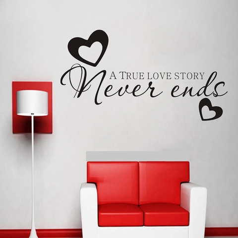 Pegatina de Pared de PVC Moderna True Love Story Never Ends Calcomanía de Pared Impermeable Extraíble con Patrón de Corazón para Dormitorio Sala de Estar Decoración del Hogar