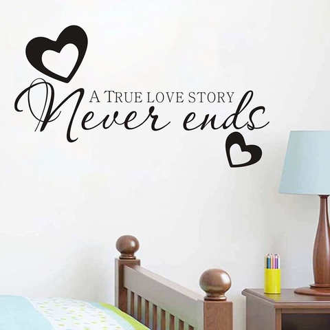 Pegatina de Pared de PVC Moderna True Love Story Never Ends Calcomanía de Pared Impermeable Extraíble con Patrón de Corazón para Dormitorio Sala de Estar Decoración del Hogar
