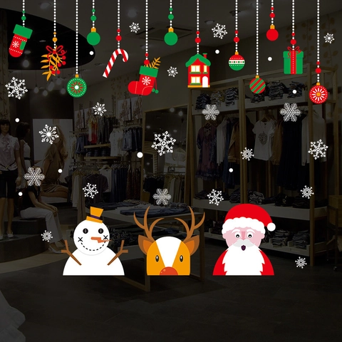 Pegatinas de Pared de Navidad de PVC Removibles Papá Noel Muñeco de Nieve Reno Copos de Nieve Calcomanías Sala Estar Ventana Hogar