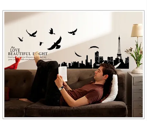 Paris City Silhouette Eiffel Tower Wall Sticker Black PVC Removable Silhouette Wall Decal With Birds Feathers Quotes For Home Decor