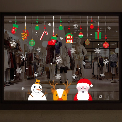 Pegatinas de Pared de Navidad de PVC Removibles Papá Noel Muñeco de Nieve Reno Copos de Nieve Calcomanías Sala Estar Ventana Hogar