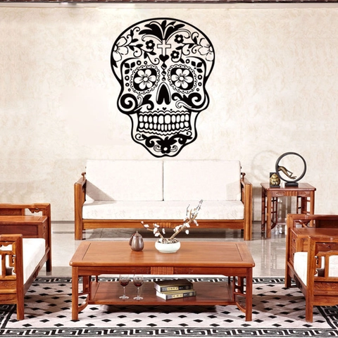 Mexikanischer Zuckerschädel Wandaufkleber Tag der Toten Blumen Kreuz Muster PVC Wasserdicht Abnehmbare Tapete Deko Kunst