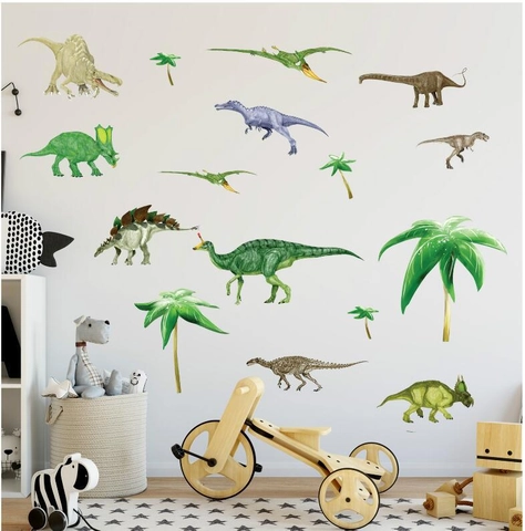 Adesivi da Parete Dinosauro Cartone Animato per Arredo Cameretta PVC Impermeabile Palma Tropicale Animale Decalcomanie Rimovibili Arte Asilo