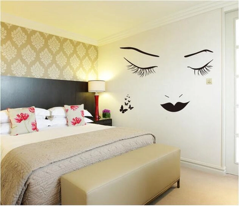 Minimalista Adesivo da Parete Ciglia Lunghe Occhi Labbra Farfalla PVC Impermeabile Removibile DIY Murale d'Arte Per Camera da Letto Casa