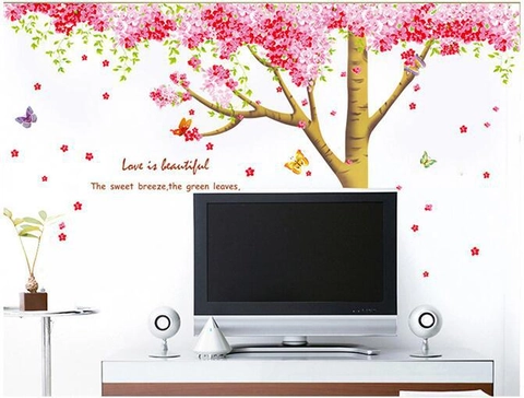 Grande Set di Adesivi Murali Albero di Ciliegio PVC Rimovibile Fai-da-Te Decalcomania Parete Floreale Rosa con Farfalle