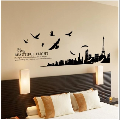 Paris City Silhouette Eiffel Tower Wall Sticker Black PVC Removable Silhouette Wall Decal With Birds Feathers Quotes For Home Decor
