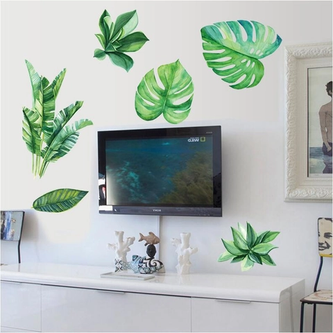 Nordic Aquarell Grüne Blätter Wandaufkleber PVC Wasserdicht Monstera Bananenblatt Decals Für Schlafzimmer Wohnzimmer Dekor
