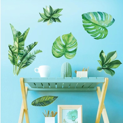 Nordic Aquarell Grüne Blätter Wandaufkleber PVC Wasserdicht Monstera Bananenblatt Decals Für Schlafzimmer Wohnzimmer Dekor
