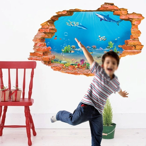 3D Ocean World Undersea Wall Sticker Broken Wall Effect Shark Fish Coral Reef PVC Waterproof Home Decor DIY Wall Decal