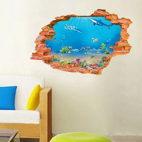 3D Ocean World Undersea Wall Sticker Broken Wall Effect Shark Fish Coral Reef PVC Waterproof Home Decor DIY Wall Decal