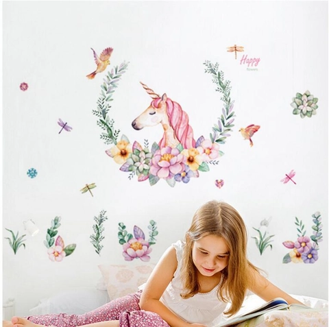 Watercolor Unicorn Floral Wall Sticker Waterproof PVC Decal For Kids Girl Bedroom Nursery Home Decor Aesthetic DIY Wall Art