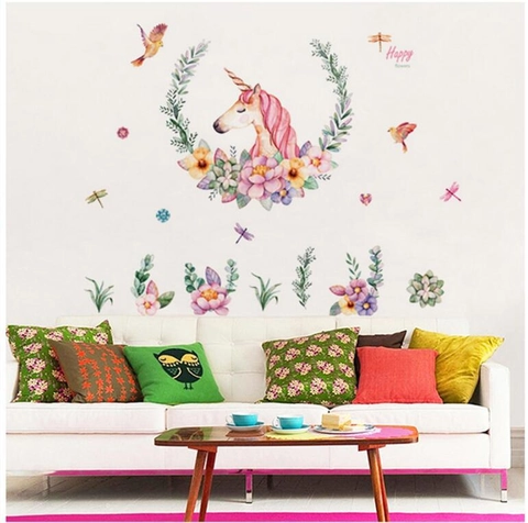 Watercolor Unicorn Floral Wall Sticker Waterproof PVC Decal For Kids Girl Bedroom Nursery Home Decor Aesthetic DIY Wall Art