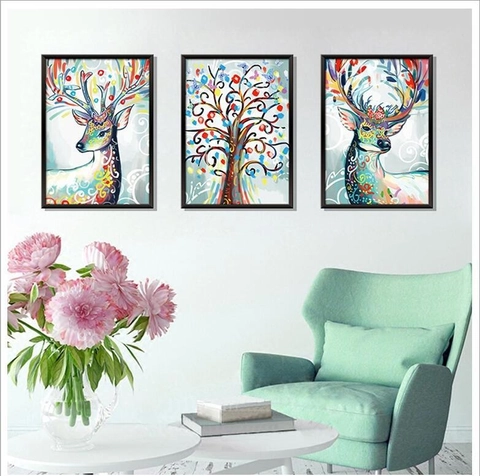 Adesivi Murali Stampati in PVC con Motivo a Cervo e Albero della Vita Acquerello Fantastico Impermeabili Removibili per Soggiorno Camera da Letto Casa