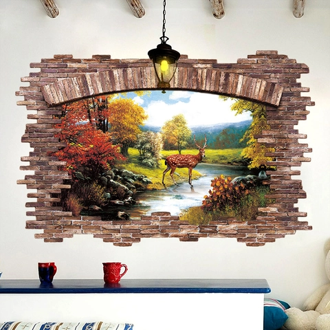 3D Herbstwald Hirsch Bruchwand Wandaufkleber Abnehmbare PVC Wasserdichte Wandtattoo Für Wohnzimmer Schlafzimmer Home Decor