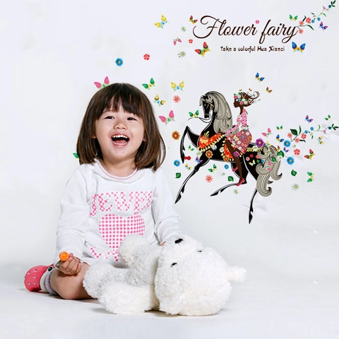 Flower Fairy Riding Horse Wall Sticker Colorful Butterfly Floral DIY Waterproof PVC Removable Decal For Kids Room Bedroom Decor