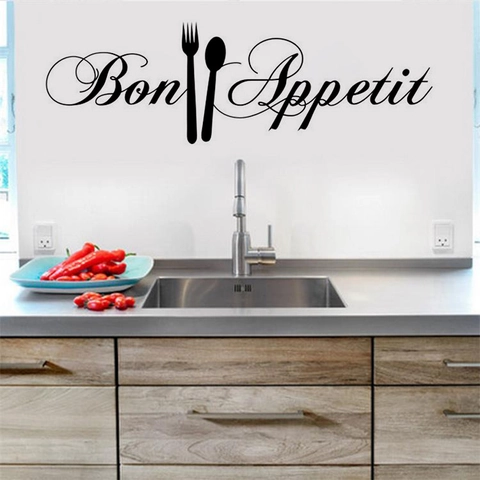 Bon Appetit Kitchen Wall Sticker PVC Waterproof Removable Fork Spoon Pattern Letter Decal For Dining Room Home Decoration