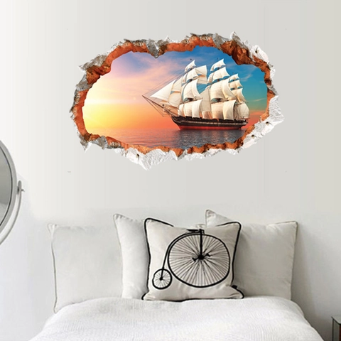 Pegatina de Pared 3D Efecto Pared Rota Velero Atardecer Vista al Mar PVC Impermeable Mural Decorativo para Hogar Oficina
