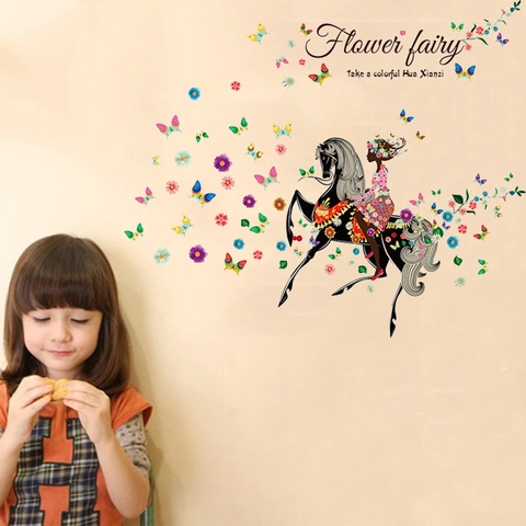Flower Fairy Riding Horse Wall Sticker Colorful Butterfly Floral DIY Waterproof PVC Removable Decal For Kids Room Bedroom Decor