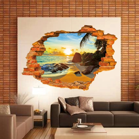 Pegatina de Pared 3D Creativa Pared Rota Playa Puesta de Sol PVC Impermeable Removible Papel Tapiz Paisaje de Mar Para Decoración