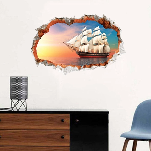 3D Broken-Wall-Effekt Segelboot Sonnenuntergang Meerblick Wandaufkleber Abnehmbare PVC Wasserdichte Dekorative Wandbild Für Heim