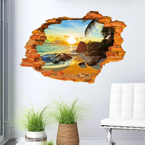 Pegatina de Pared 3D Creativa Pared Rota Playa Puesta de Sol PVC Impermeable Removible Papel Tapiz Paisaje de Mar Para Decoración