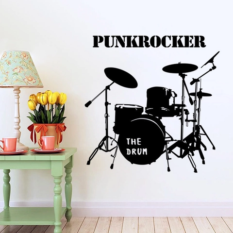 Pegatina de Pared Creativa Silueta de Batería Música Punkrocker PVC Removible Calcomanía para Sala de Estar Dormitorio Decoración