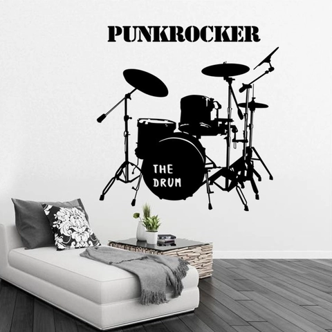 Pegatina de Pared Creativa Silueta de Batería Música Punkrocker PVC Removible Calcomanía para Sala de Estar Dormitorio Decoración