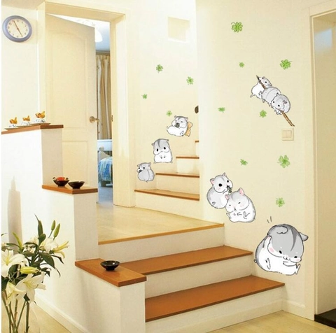 Cartoon Hamster En Klaver Muursticker PVC Waterdicht Verwijderbaar DIY Vinyl Muursticker Voor Kinderkamer Kleuterschool Klaslokaal Decor