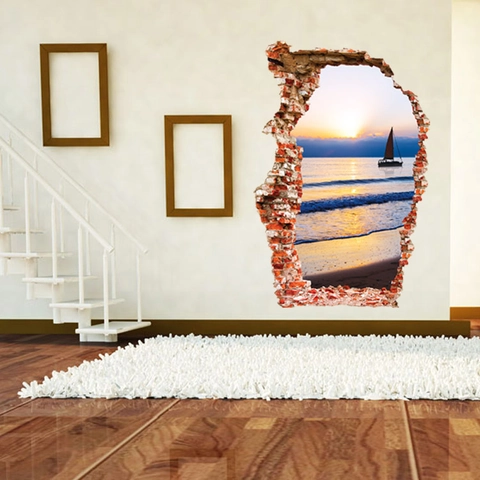 3D Zerbrochene Wand Seelandschaft Sonnenuntergang Segelboot Wandtattoo Wasserdicht PVC Abnehmbare Aufkleber Für Wohnzimmer