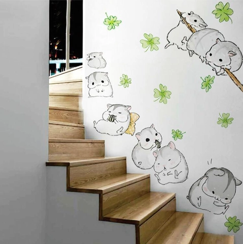 Cartoon Hamster En Klaver Muursticker PVC Waterdicht Verwijderbaar DIY Vinyl Muursticker Voor Kinderkamer Kleuterschool Klaslokaal Decor