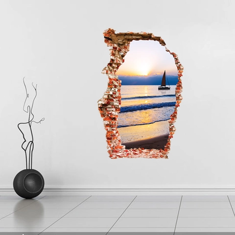 3D Zerbrochene Wand Seelandschaft Sonnenuntergang Segelboot Wandtattoo Wasserdicht PVC Abnehmbare Aufkleber Für Wohnzimmer