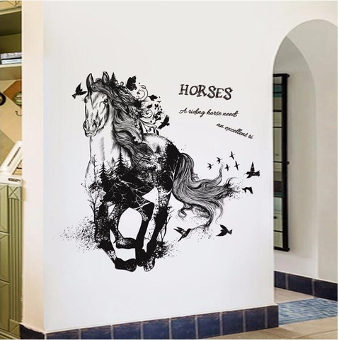 Laufendes Pferd Silhouette PVC Wandtattoo Abnehmbarer Künstlerischer Tieraufkleber Mit Naturwald Design Für Home Office Dekor