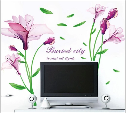 Romantic Purple Lily Flower Wall Sticker Watercolor Floral PVC Decal For Living Room Bedroom TV Background Wall Decor