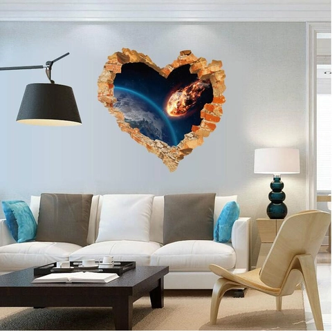 Adesivo Murale 3D Effetto Parete Rotta Cuore PVC Removibile Spazio Terra Meteora Decalcomania per Camera da Letto Soggiorno Casa