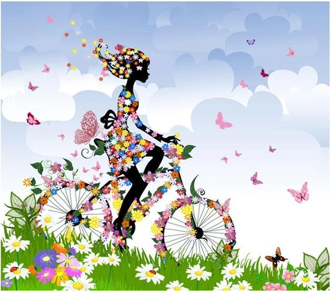 Kreatives Blumenmädchen Auf Fahrrad Wandtattoo Bunte Blumen Schmetterling Abnehmbare PVC Wasserdichte Wanddekoration Für Schlafzimmer