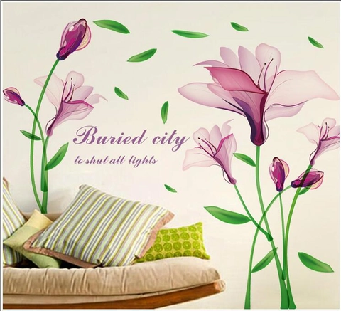 Romantic Purple Lily Flower Wall Sticker Watercolor Floral PVC Decal For Living Room Bedroom TV Background Wall Decor