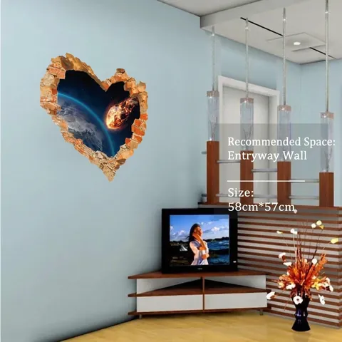 Adesivo Murale 3D Effetto Parete Rotta Cuore PVC Removibile Spazio Terra Meteora Decalcomania per Camera da Letto Soggiorno Casa