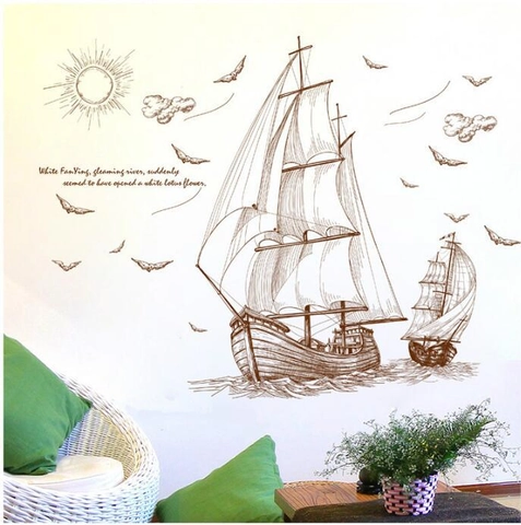 Vintage Segelboot Wandsticker Wasserdicht PVC Nautische Skizze Wandtattoo Für Wohnzimmer Schlafzimmer Kinderzimmer Home Dekor