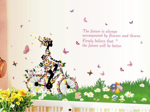 Kreatives Blumenmädchen Auf Fahrrad Wandtattoo Bunte Blumen Schmetterling Abnehmbare PVC Wasserdichte Wanddekoration Für Schlafzimmer