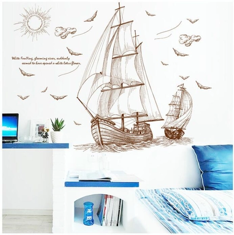 Vintage Segelboot Wandsticker Wasserdicht PVC Nautische Skizze Wandtattoo Für Wohnzimmer Schlafzimmer Kinderzimmer Home Dekor