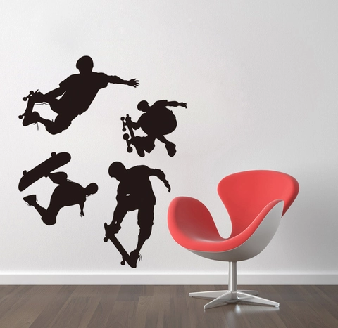 Vinilo Decorativo Creativo Silueta de Skater PVC Impermeable Removible DIY Calcomanía Deportiva para Sala de Estar Dormitorio Negro