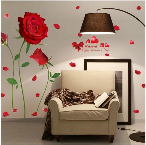 Red Rose Wall Sticker Romantic PVC Removable Floral Decal Happy Valentine Day Heart Bow For Living Room Bedroom Decor