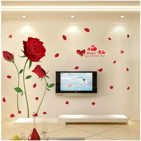 Red Rose Wall Sticker Romantic PVC Removable Floral Decal Happy Valentine Day Heart Bow For Living Room Bedroom Decor