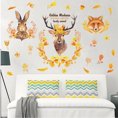 Forest Animal Wall Stickers Removable PVC Watercolor Rabbit Deer Fox Floral Wreath Leaf Decals For Kids Room Bedroom Home Decor
