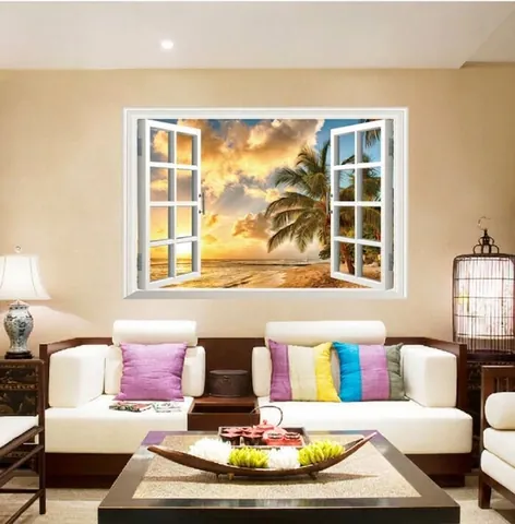 Vinilo Decorativo 3D Vista de Ventana Playa al Atardecer PVC Impermeable Autoadhesivo Paisaje Tropical para Decoración de Sala de Estar